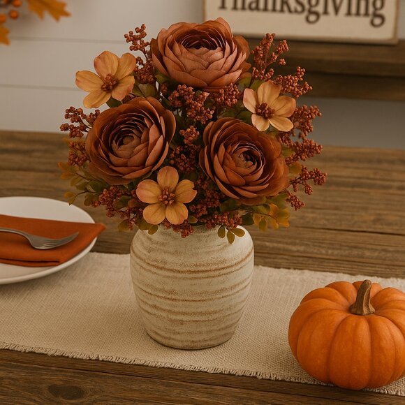 Autumn Faux Flower Stems | Warm Rust & Beige Blooms | Farmhouse Fall Decor - Picture 1 of 1